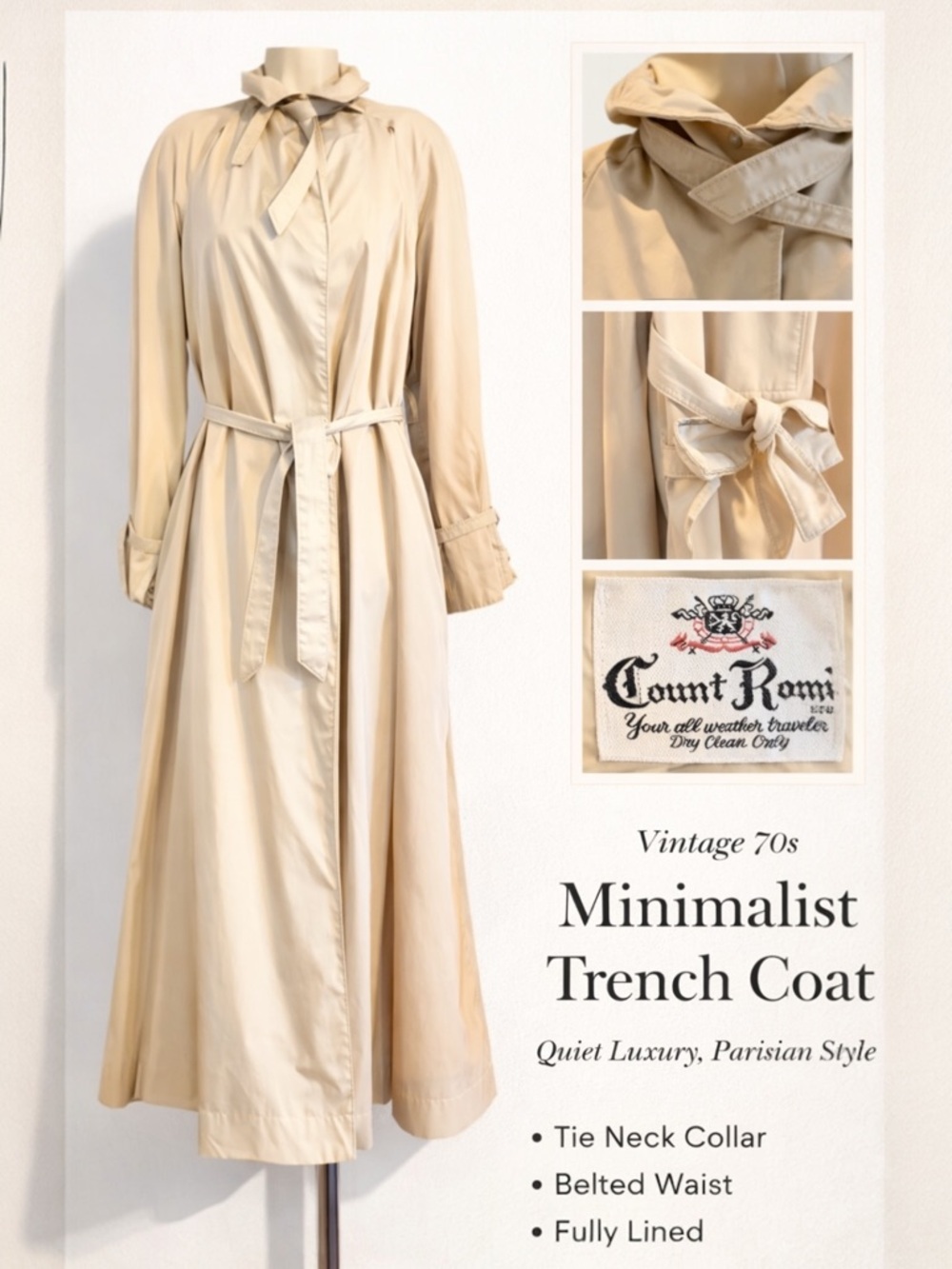 Vintage 70s Count Romi Trench Coat Beige Tie Neck Belted Quiet Luxury Parisian